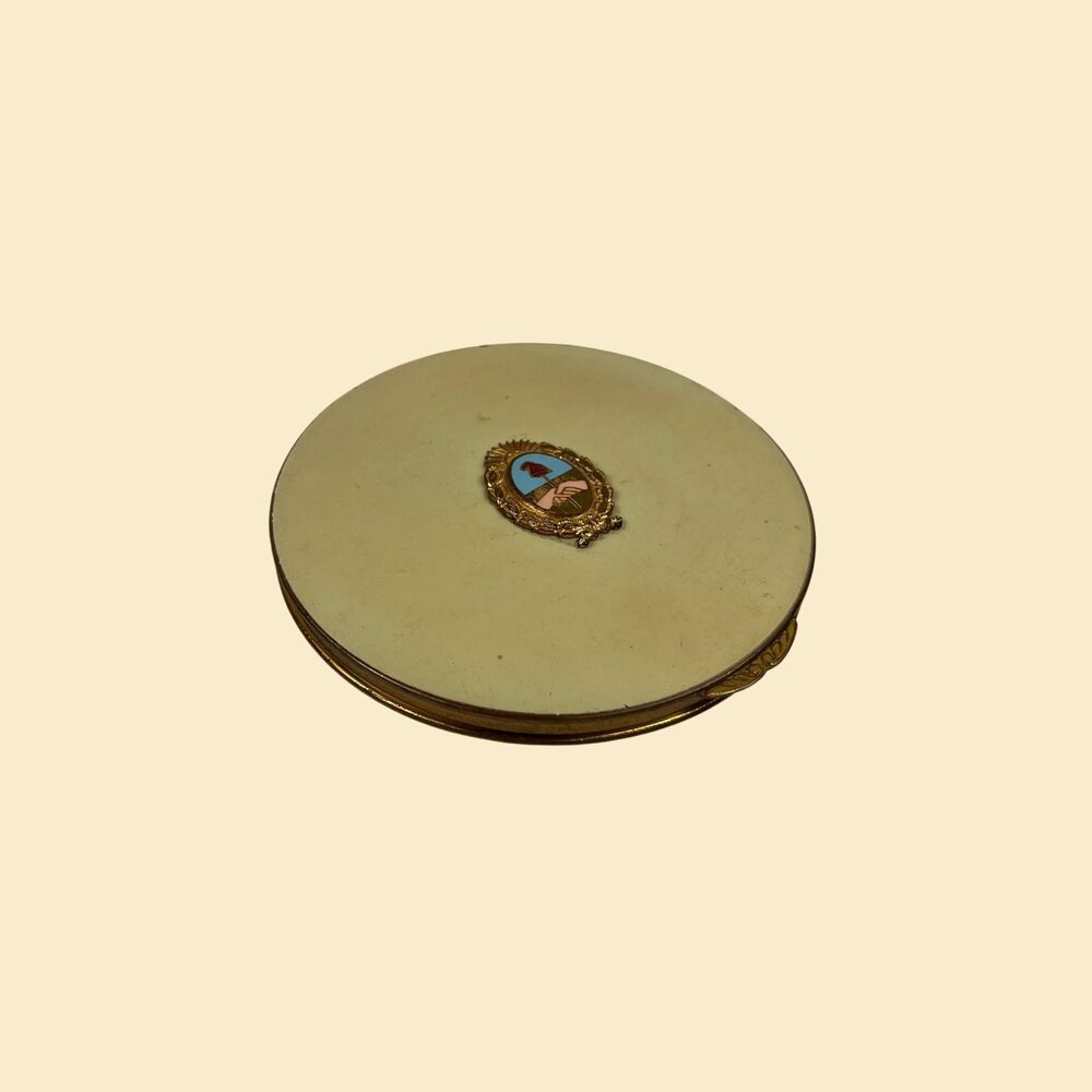 1930s Stratton of England powder compact, white & brass-toned vintage compact